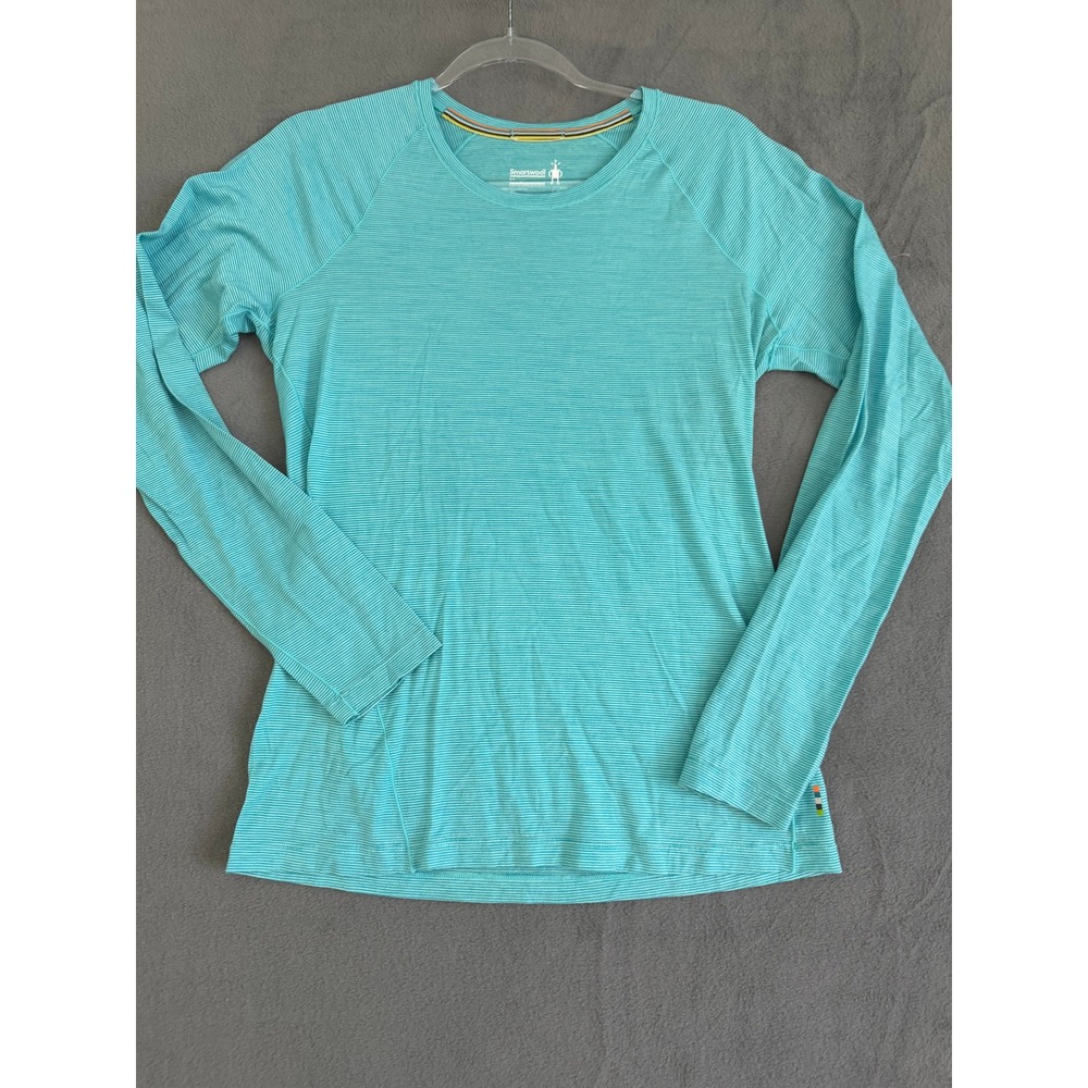 Smartwool Womens M Merino 150 Base Layer Top Aqua Blue Striped Long Sleeve Shirt